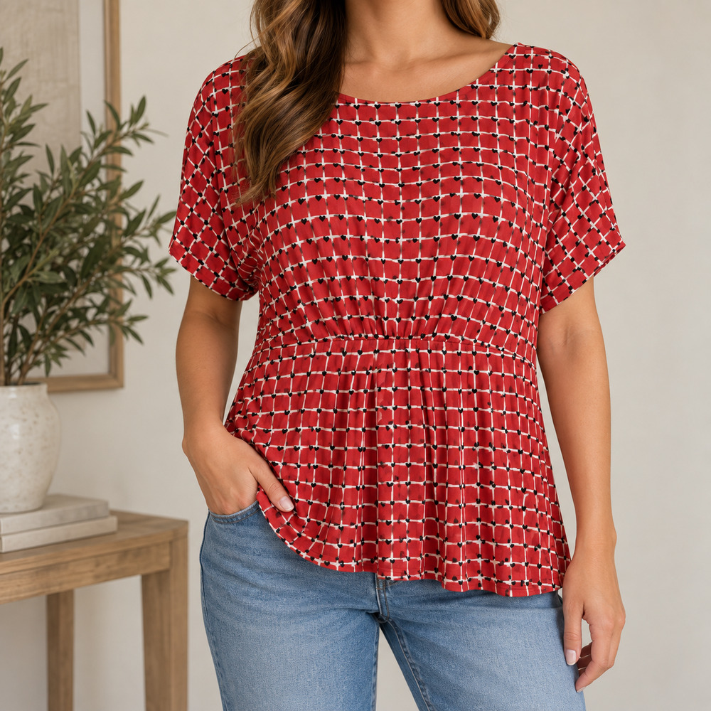 Liz Claiborne Red Heart Print Blouse Size 2X Stretch Knit Pleated Gathered Waist
